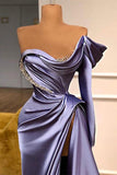 Purple One Shoulder Long Sleeves Evening Dress with Beadings and Split Mermaid