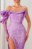 Purple One Shoulder Mermaid Evening Dress with Sequins Slit and Long Sleeve