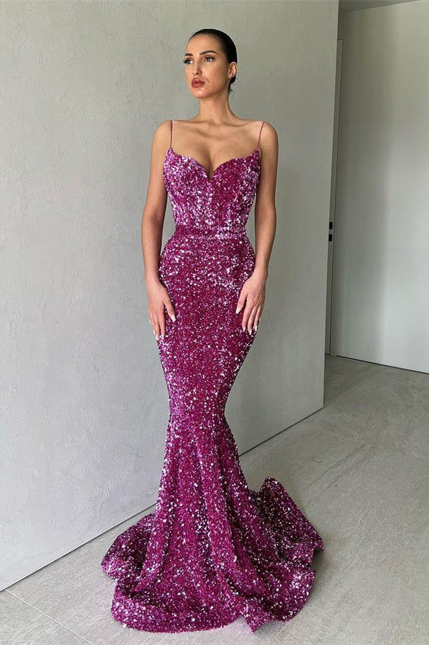 Purple Sequins Mermaid Long Evening Dress Spaghetti Strap