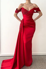 Red Mermaid Prom Dress Beadings V-Neck Off-the-Shoulder Long with Ruffles