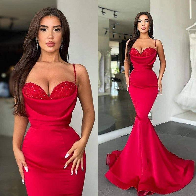 Red Spaghetti-Straps Long Mermaid Prom Dress