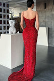 Red Spaghetti-Straps Mermaid Evening Dress with Split Sequins