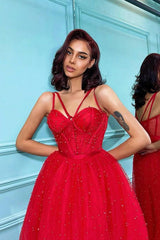 Red Spaghetti-Straps Tulle Prom Dress with Pearls