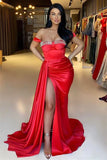 Red Split Mermaid Off-The-Shoulder Beadings Sweetheart Evening Dress Long with Ruffles