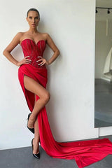 Red Sweetheart Sleeveless Mermaid Prom Dress with Beadings and Split