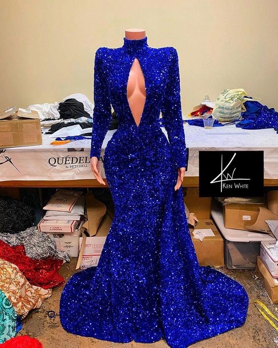 Royal Blue High Neck Long Sleeve Mermaid Prom Dress with Sequins