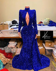 Royal Blue High Neck Long Sleeve Mermaid Prom Dress with Sequins