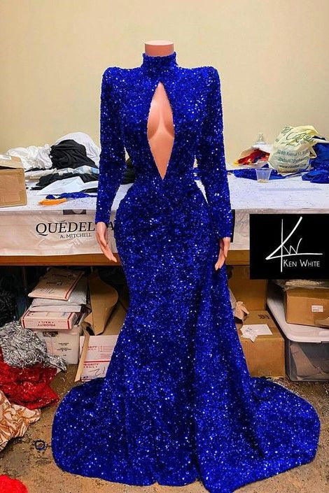 Royal Blue High Neck Long Sleeve Mermaid Prom Dress with Sequins