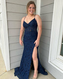 Royal Blue Mermaid Plunging V Straps Lace Long Prom Dress with Slit