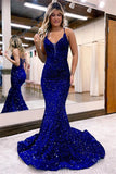 Royal Blue Sequins Spaghetti Strap Long Mermaid Evening Dress