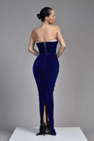 Royal Blue Sleeveless V Neck Samt Evening Dress