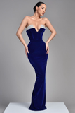 Royal Blue Sleeveless V Neck Samt Evening Dress