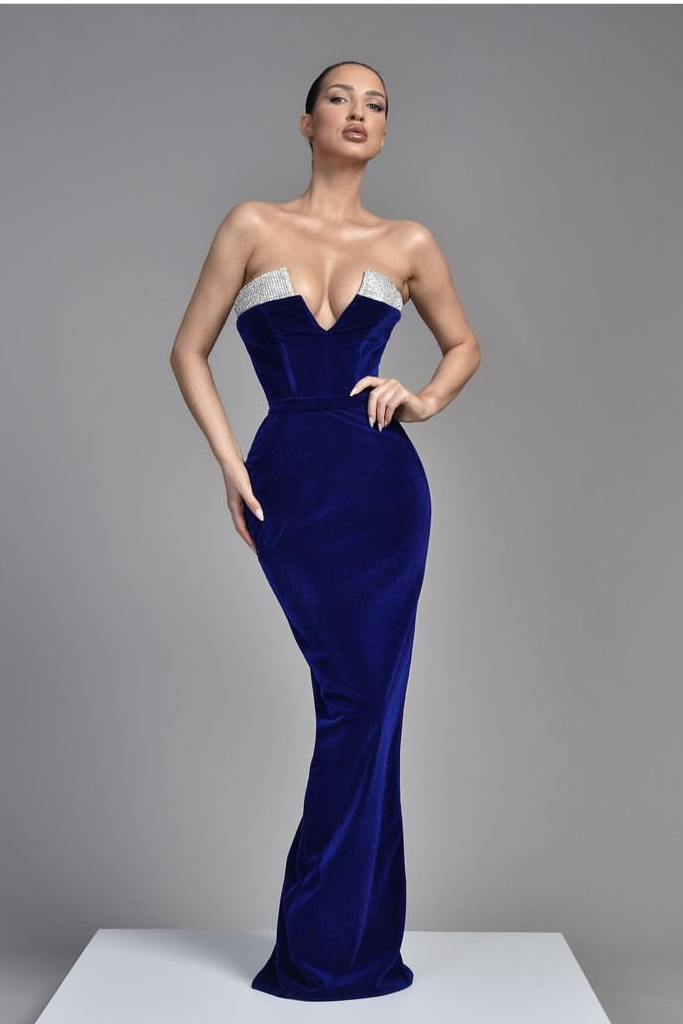 Royal Blue Sleeveless V Neck Samt Evening Dress