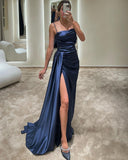 Royal Blue Spaghetti Strap Prom Dress with Slimming Pleated Split Mermaid Design