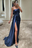 Royal Blue Spaghetti Strap Prom Dress with Slimming Pleated Split Mermaid Design