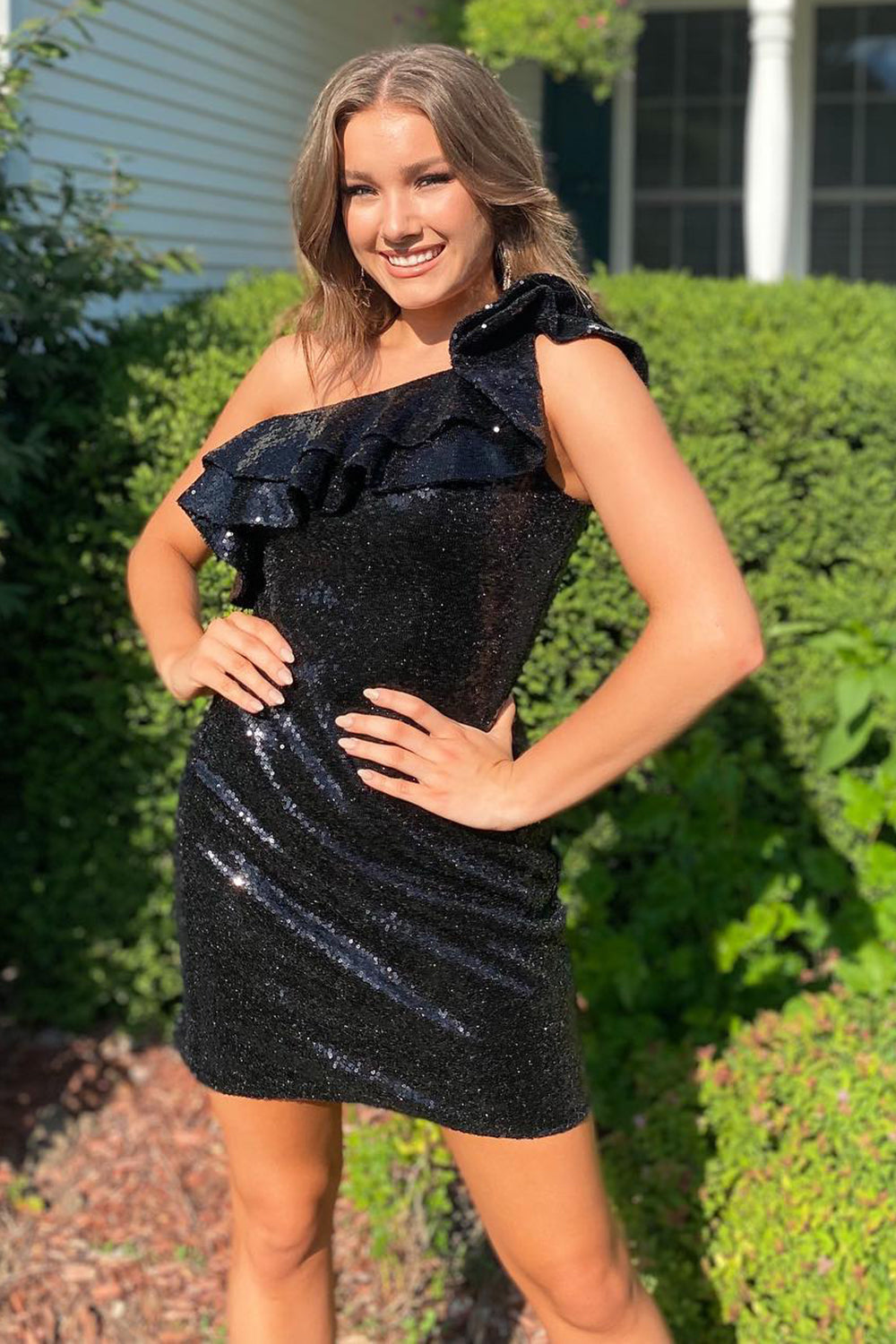 Ruffle One Shoulder Black Sequins Bodycon Homecoming Dress