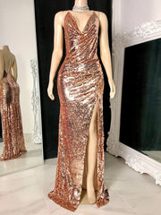 Sequined Floor-length Split Front Prom Dresses with Sheath/Column Cowl Neck