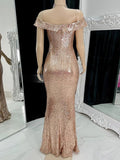 Sequined Off-the-shoulder Floor-length Prom Dresses with Sheath/Column Design