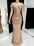 Sequined Off-the-shoulder Floor-length Prom Dresses with Sheath/Column Design