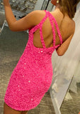 Sequined Short Homecoming Dress with One-Shoulder Sleeve - Sheath Column - Babyonlines