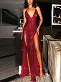 Sequined Split Front Prom Dresses - Sheath/Column Floor-length V-neck