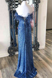 Sequins Blue Strapless Feather Long Formal Dress with Slit