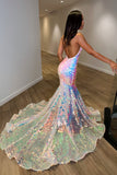 Sequins Halter V Neck Mermaid Evening Dress with Tulle