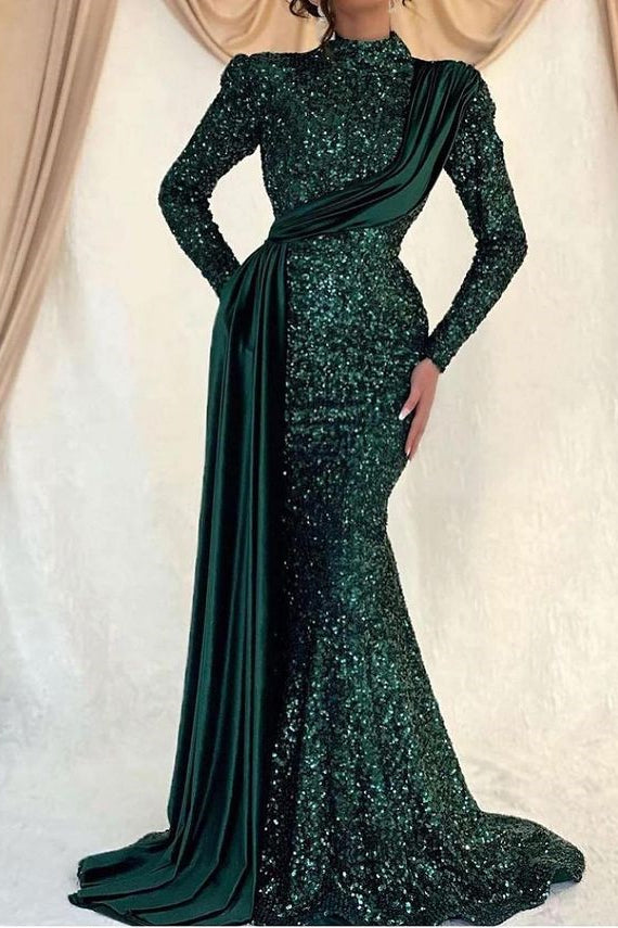 Sequins Long Sleeves High Collar Mermaid Prom Dress with Ruffle