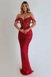 Sequins Red Sleeveless Prom Dress with Strapless Long Tassel