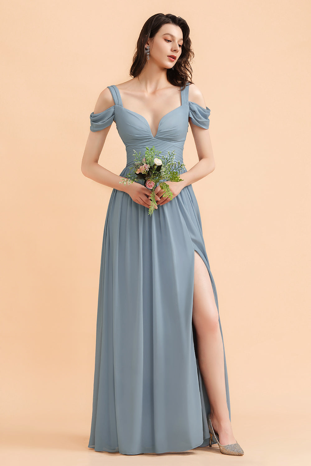 Sexy Cold-Shoulder Dusty Blue Chiffon Bridesmaid Dress with Slit On Sale-Babyonlines