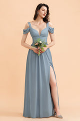 Sexy Cold-Shoulder Dusty Blue Chiffon Bridesmaid Dress with Slit On Sale-Babyonlines