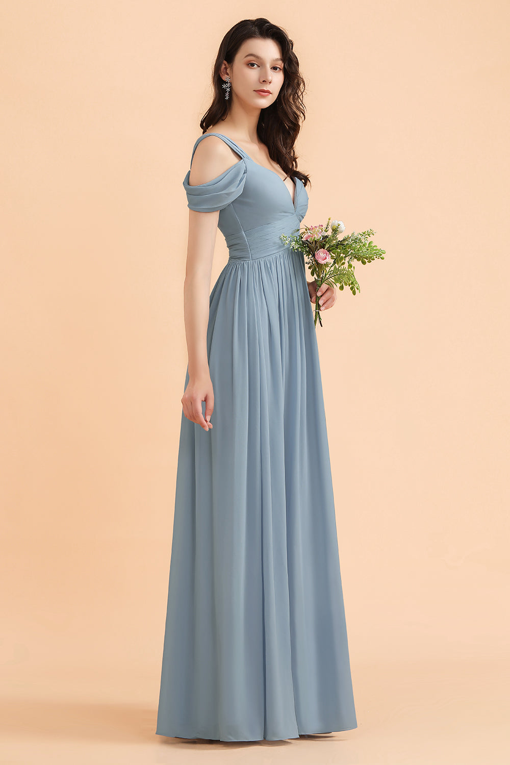 Sexy Cold-Shoulder Dusty Blue Chiffon Bridesmaid Dress with Slit On Sale-Babyonlines