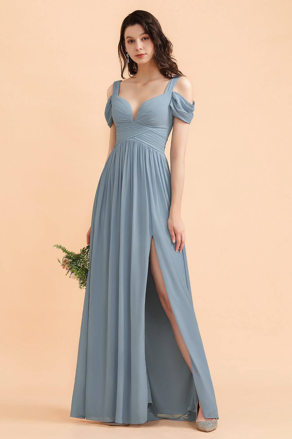 Sexy Cold-Shoulder Dusty Blue Chiffon Bridesmaid Dress with Slit On Sale-Babyonlines