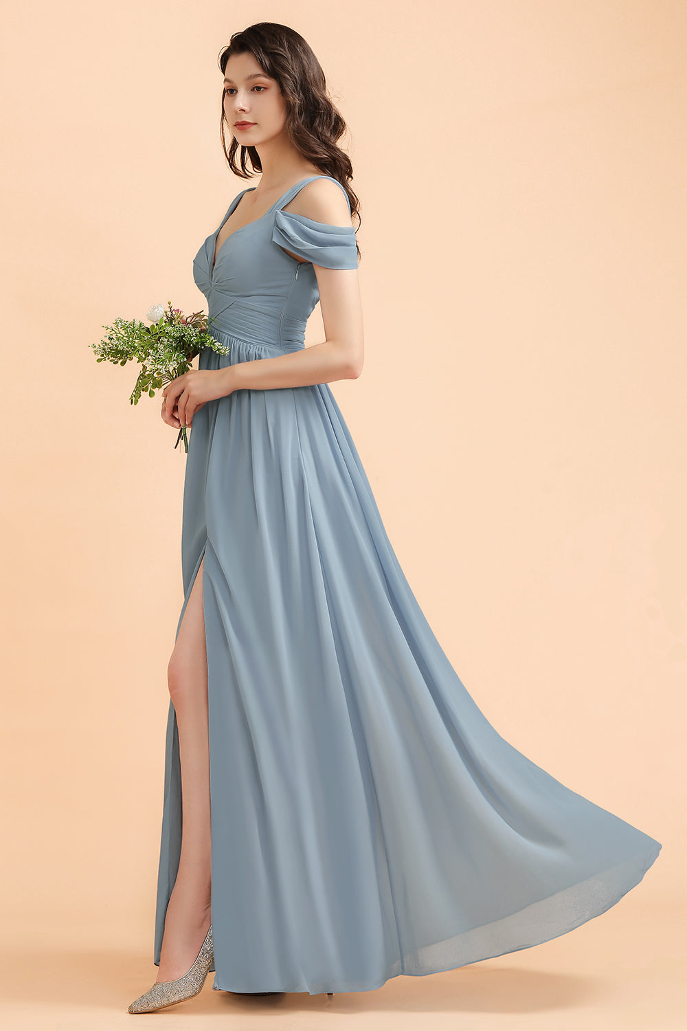 Sexy Cold-Shoulder Dusty Blue Chiffon Bridesmaid Dress with Slit On Sale-Babyonlines