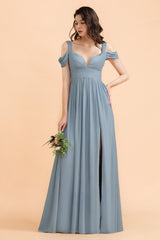 Sexy Cold-Shoulder Dusty Blue Chiffon Bridesmaid Dress with Slit On Sale-Babyonlines