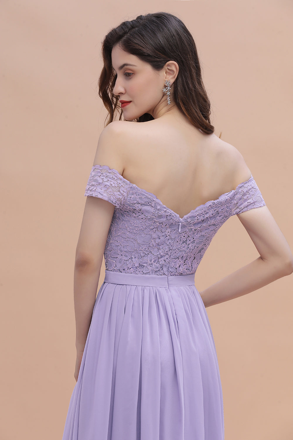 Sexy Off-the-Shoulder Lace Chiffon Ruffles Bridesmaid Dress with Slit On Sale-Babyonlines