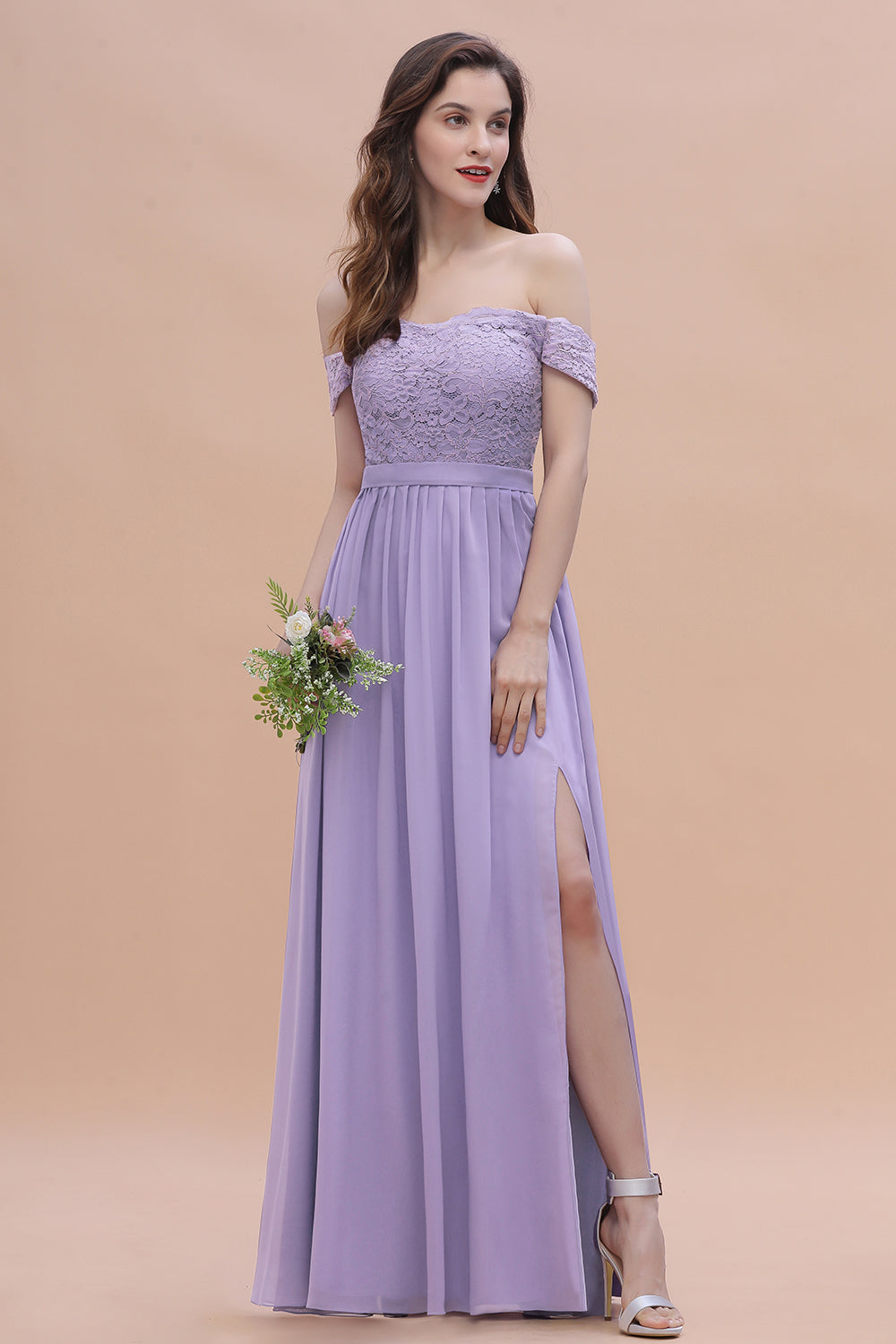 Sexy Off-the-Shoulder Lace Chiffon Ruffles Bridesmaid Dress with Slit On Sale-Babyonlines