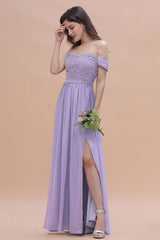 Sexy Off-the-Shoulder Lace Chiffon Ruffles Bridesmaid Dress with Slit On Sale-Babyonlines