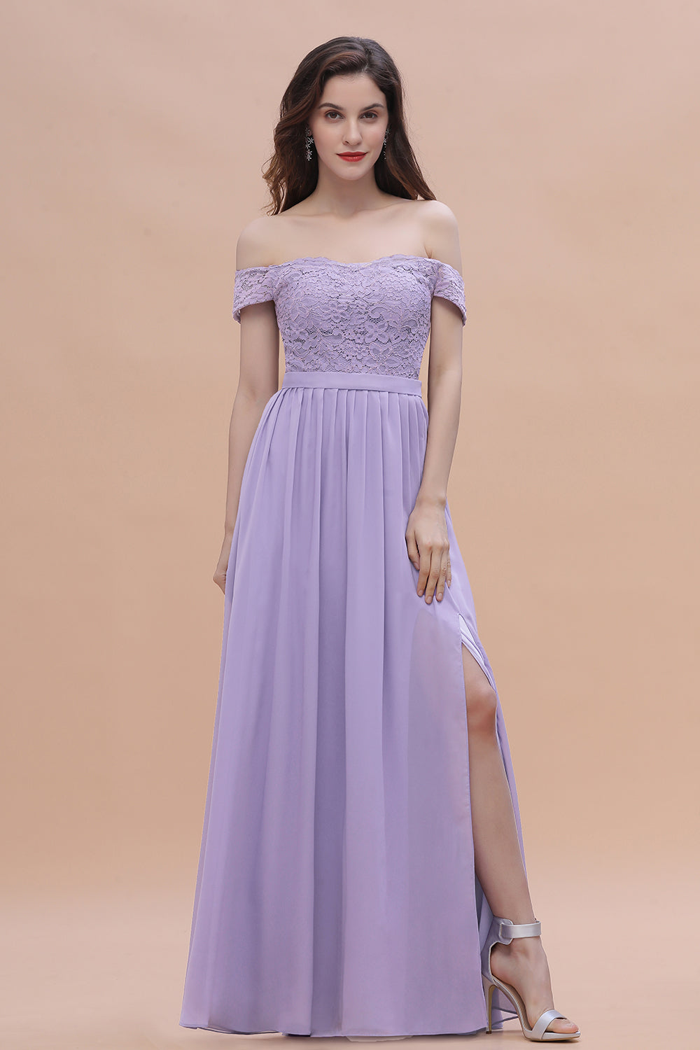 Sexy Off-the-Shoulder Lace Chiffon Ruffles Bridesmaid Dress with Slit On Sale-Babyonlines