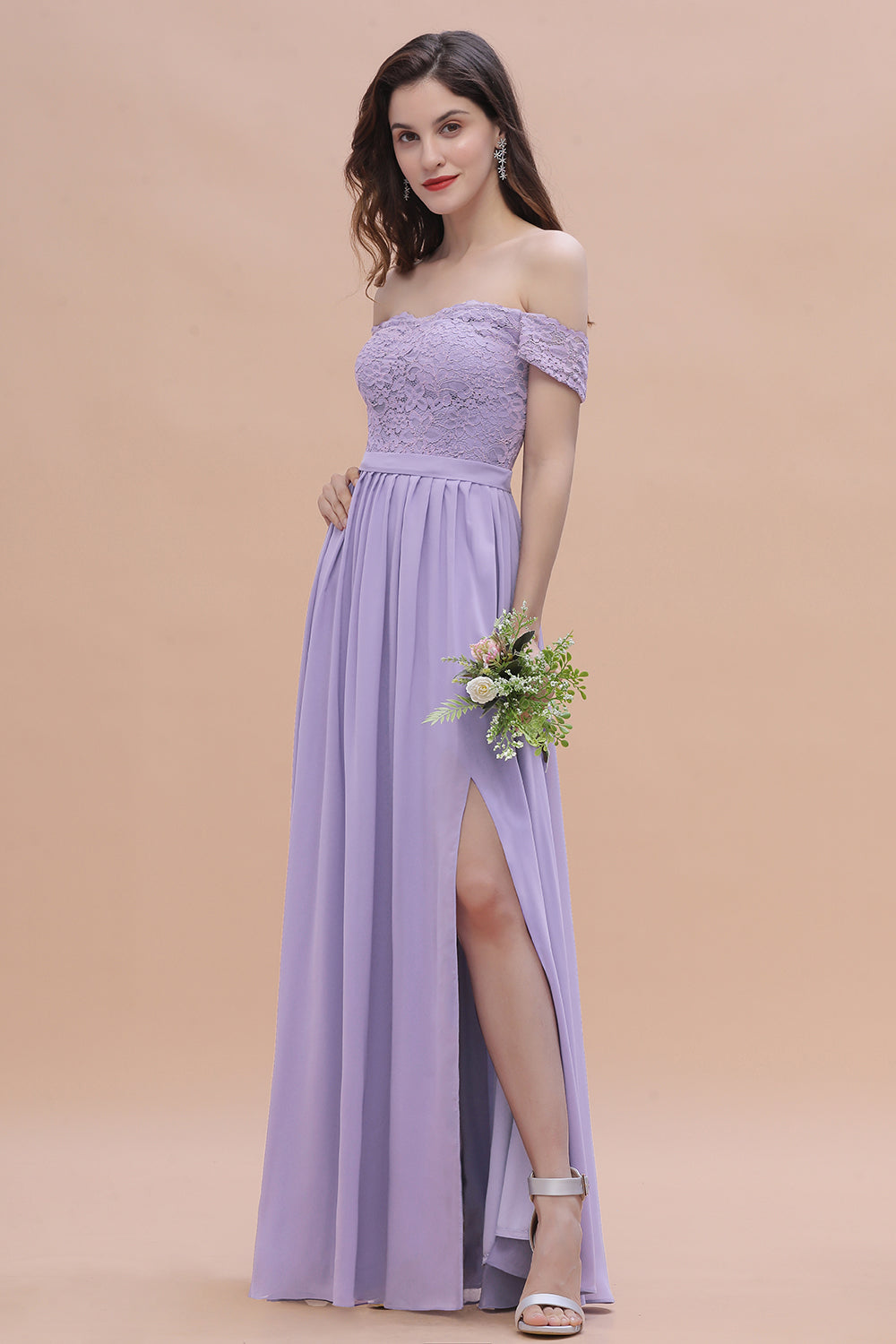 Sexy Off-the-Shoulder Lace Chiffon Ruffles Bridesmaid Dress with Slit On Sale-Babyonlines