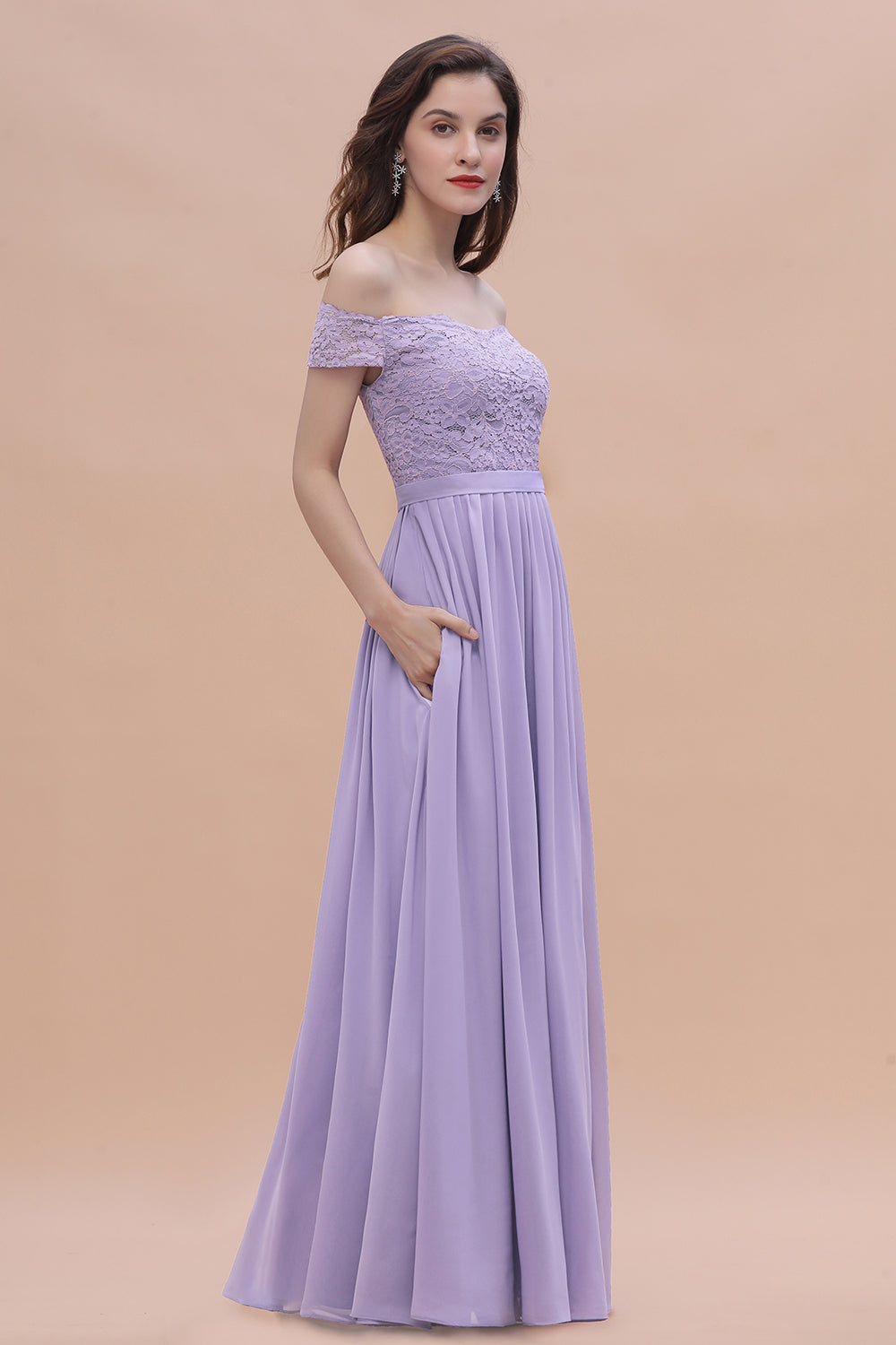 Sexy Off-the-Shoulder Lace Chiffon Ruffles Bridesmaid Dress with Slit On Sale-Babyonlines