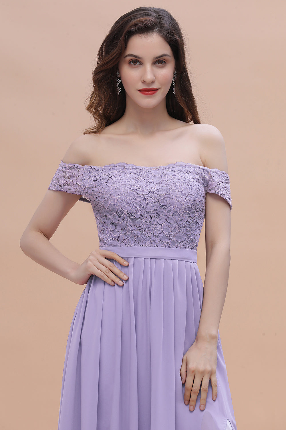 Sexy Off-the-Shoulder Lace Chiffon Ruffles Bridesmaid Dress with Slit On Sale-Babyonlines