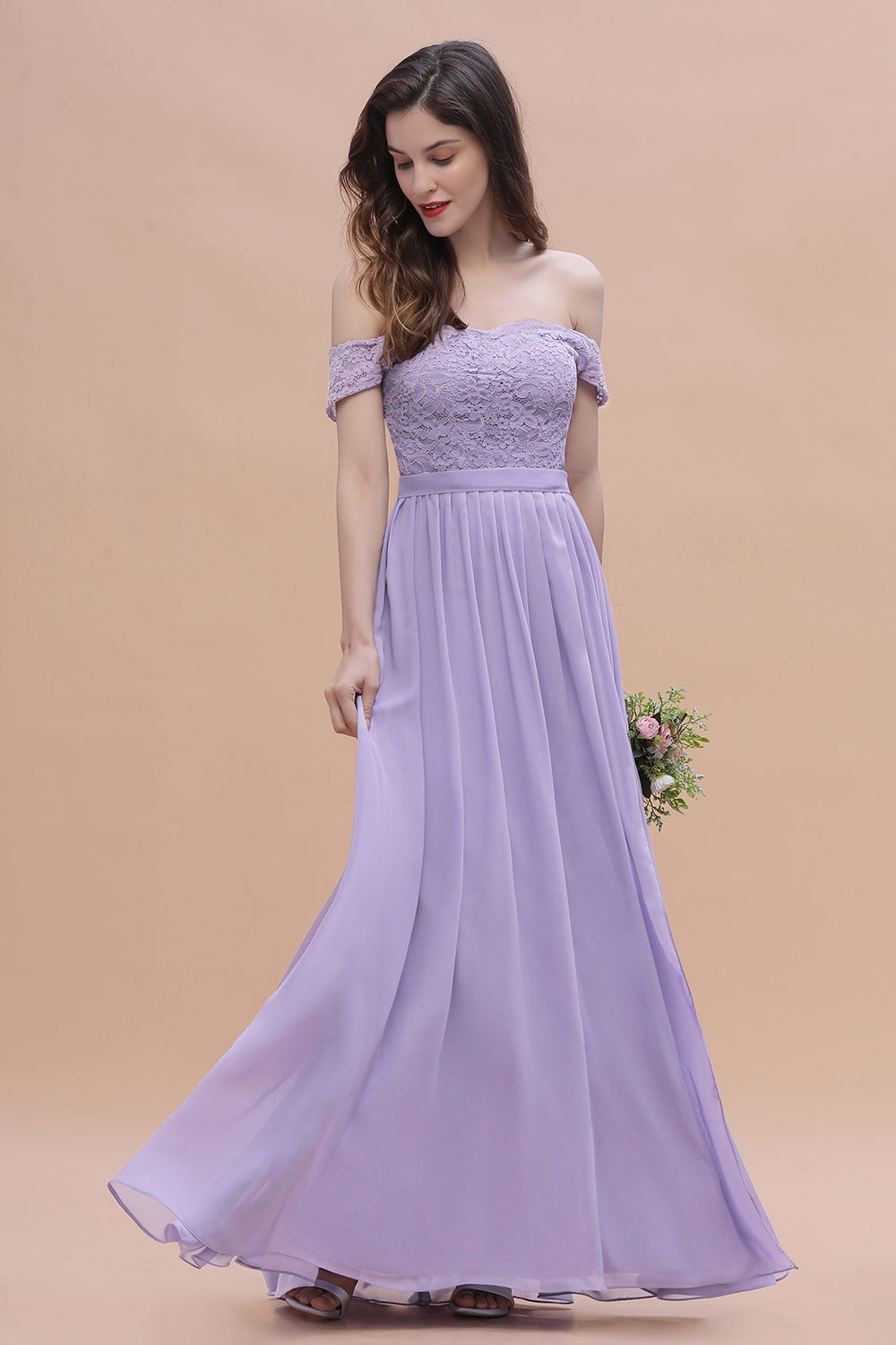 Sexy Off-the-Shoulder Lace Chiffon Ruffles Bridesmaid Dress with Slit On Sale-Babyonlines