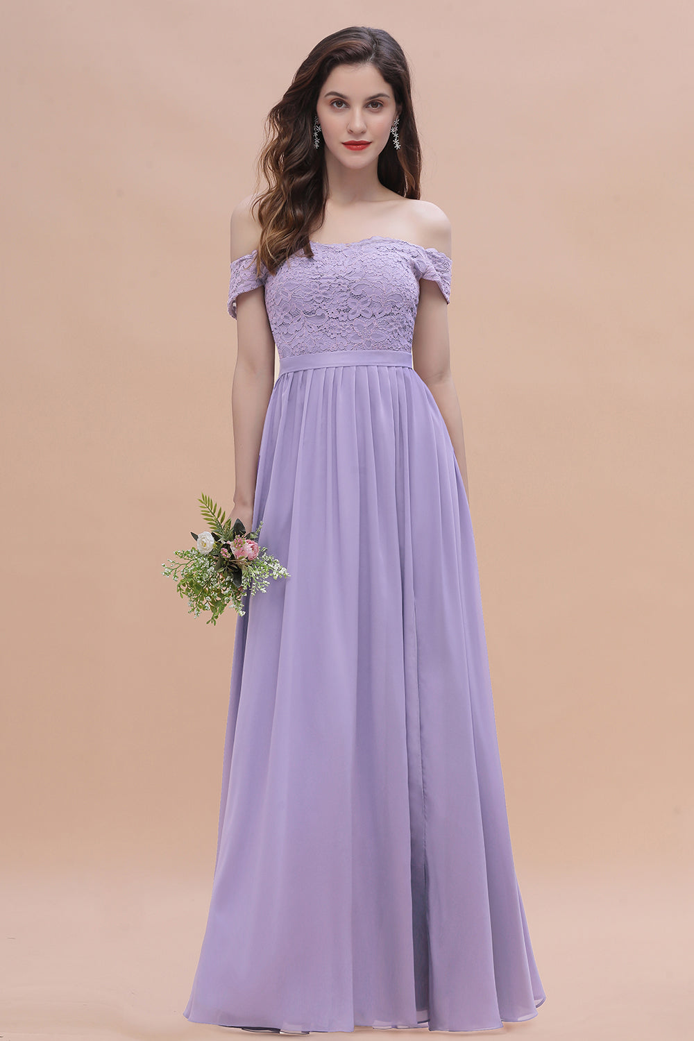 Sexy Off-the-Shoulder Lace Chiffon Ruffles Bridesmaid Dress with Slit On Sale-Babyonlines