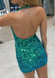 Sequined Short/Mini Homecoming Dress with Sheath/Column Halter Sleeveless - Babyonlines