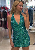 Sequined Short/Mini Homecoming Dress with Sheath/Column Halter Sleeveless - Babyonlines