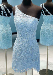 One-Shoulder Lace Homecoming Dress with Beading for Sheath/Column Look - Babyonlines