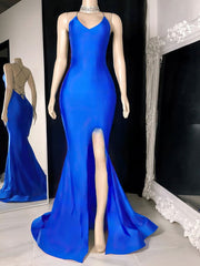 Sheath/Column V-neck Jersey Prom Dresses With Split Front and Sweep Train