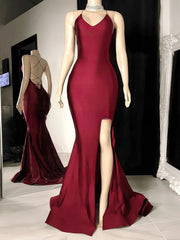 Sheath/Column V-neck Jersey Prom Dresses With Split Front and Sweep Train