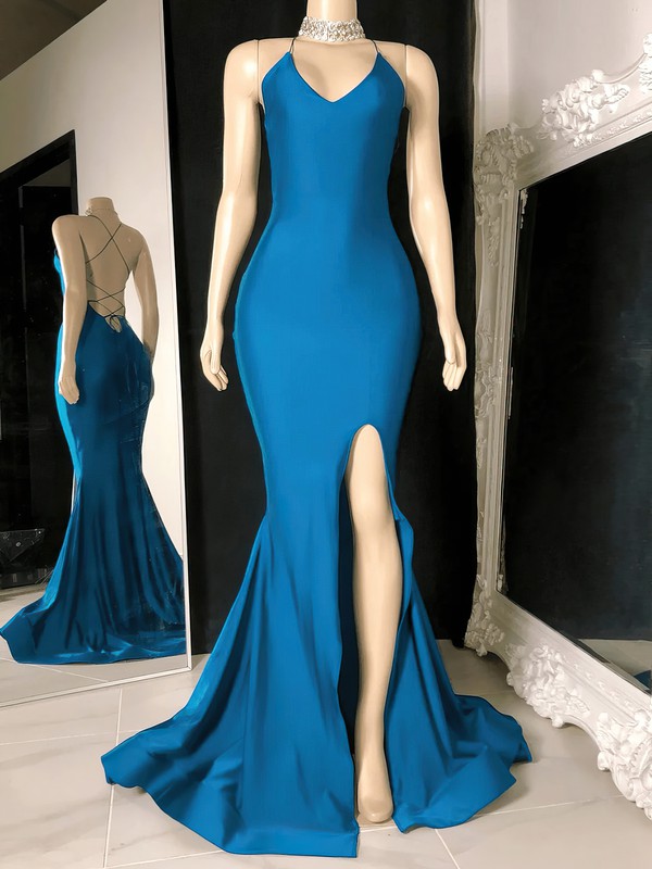 Sheath/Column V-neck Jersey Prom Dresses With Split Front and Sweep Train